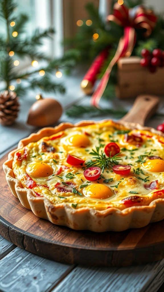 A golden brown Christmas quiche filled with cheese and herbs, garnished with fresh greens, on a rustic table with holiday decorations.
